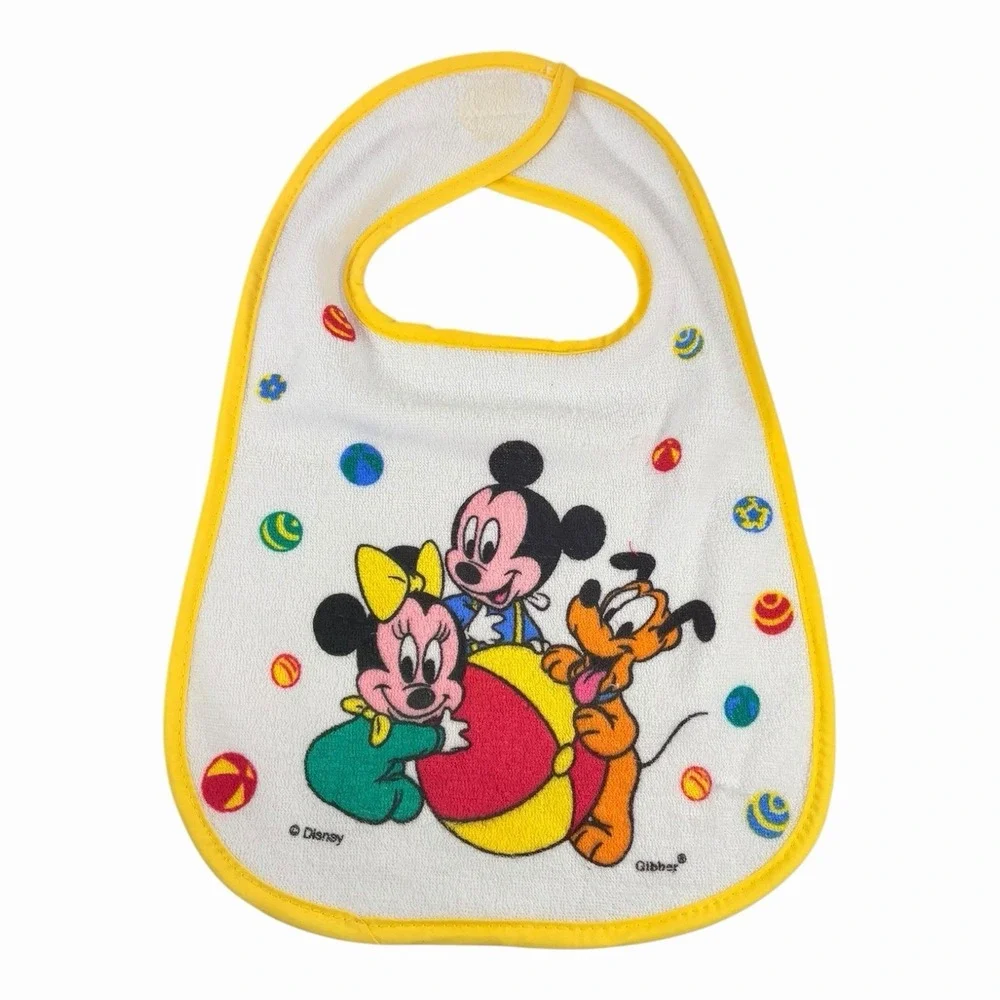 Vintage Classic Disney Mickey,‎ Minnie, Pluto Yellow Baby Bib 90s